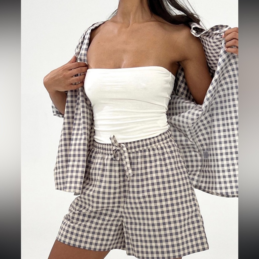 WeWoreWhat Cream and Gray Gingham Shirt & Shorts Set